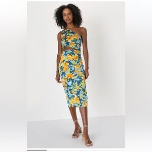 Lulu's One-Shoulder Floral Dress in Blue and Yellow waist cut out size XS NWT